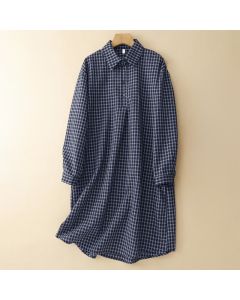 Buddha Stones Spring Fall Casual Vintage Button-Up Plaid Women's Long Sleeve Dress With Pockets - SteelBlue / US4, UK/AU8, EU36 (M)