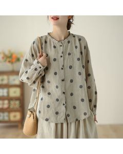 Buddha Stones Spring Fall Casual Vintage Button-Up Polka Dot Women's Long Sleeve Shirts With Pocket - Beige / US4, UK/AU8, EU36 (L)