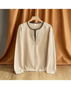 Buddha Stones Spring Fall Casual Vintage Button-Up Solid Men's Long Sleeve Shirts - White / US/UK/AU36, EU46 (L)