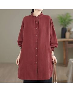 Buddha Stones Spring Fall Casual Vintage Button-Up Solid Tunic Women's Long Sleeve Shirts With Pocket - SaddleBrown / US12, UK/AU16, EU44 (XL)