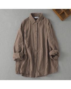 Buddha Stones Spring Fall Casual Vintage Button-Up Striped Women's Long Sleeve Shirts With Patch Pocket - Sienna / US4, UK/AU8, EU36 (L)