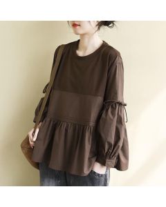 Buddha Stones Spring Fall Casual Vintage Crew Neck Peplum Hem Drawstring Solid Women's Long Sleeve T-Shirt - SaddleBrown / US4, UK/AU8, EU36 (M)