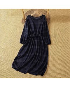 Buddha Stones Spring Fall Casual Vintage MidnightBlue Plaid Women's Long Sleeve Dress - MidnightBlue / US6, UK/AU10, EU38 (M)