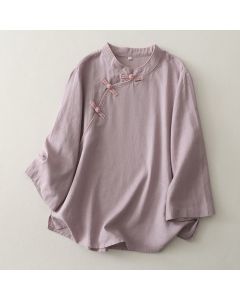 Buddha Stones Spring Fall Casual Vintage Tang Style Frog Button Solid Linen Women's Long Sleeve Shirts - Thistle / US4，UK/AU8，EU36 (L)