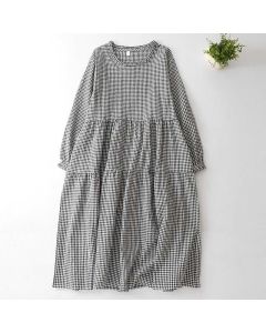 Buddha Stones Spring Fall Casual Vintage Tiered Plaid Women's Long Sleeve Dress With Pocket - Gainsboro / US4, UK/AU8, EU36 (M)