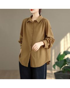 Buddha Stones Spring Fall Classic Simple Button-Up Solid Women's Long Sleeve Shirts - Goldenrod / US4, UK/AU8, EU36 (L)