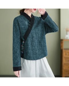 Buddha Stones Spring Fall Elegant Tang Style Embroidery Floral Women's Long Sleeve Shirts - Teal / US4, UK/AU8, EU36 (L)