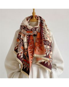 Buddha Stones Spring Fall Mandala Geometric Border Print Tassel Boho Shawl - Orange / 185*65cm