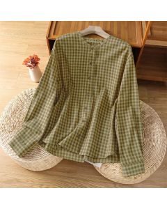 Buddha Stones Spring Fall Minimalist Button-Up Plaid Women's Long Sleeve Shirts - DarkKhaki / US6, UK/AU10, EU38 (L)