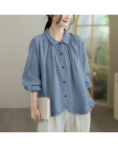 Buddha Stones Spring Fall Minimalist Simple Button-Up Solid Women's Long Sleeve Shirts - LightSteelBlue / US6, UK/AU10, EU38 (L)