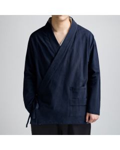 Buddha Stones Spring Fall Minimalist Tang Style Drawstring Solid Cotton Men's Kimonos With Pocket - MidnightBlue / US/UK/AU36，EU46 (L)
