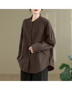 Buddha Stones Spring Fall Minimalist Tang Style Mandarin Collar Solid Women's Long Sleeve Shirts - SaddleBrown / US4, UK/AU8, EU36 (L)