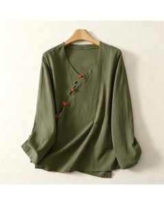 Buddha Stones Spring Fall Minimalist Tang Style Pankou Solid Women's Long Sleeve Shirts With Patch Pocket - DarkOliveGreen / US4, UK/AU8, EU36 (L)