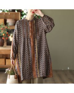 Buddha Stones Spring Fall Retro Boho Button-Up Striped Floral Women's Long Sleeve Dresses With Pocket - DarkGoldenrod / US6，UK/AU10，EU38 (M)