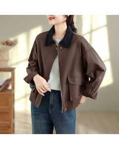 Buddha Stones Spring Fall Retro Minimalist Solid Women's Jacket With Pocket - SaddleBrown / US4, UK/AU8, EU36 (L)