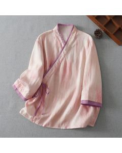 Buddha Stones Spring Fall Retro Tang Style Drawstring Light Pink Tie-dye Women's Three-Quarter Sleeve Shirts - MistyRose / US4, UK/AU8, EU36 (L)