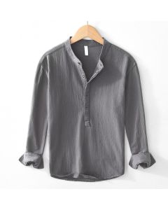 Buddha Stones Spring Fall Solid Long Sleeve Half Button Cotton Men's Shirts - Gray / US/UK/AU36，EU46 (L)