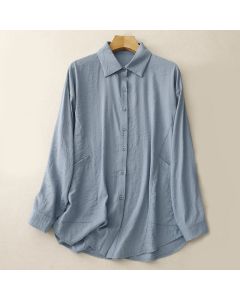 Buddha Stones Spring Fall Stand Collar Plain Long Sleeve Women's Cotton Polyester Shirt - LightBlue / US4，UK/AU8，EU36 (L)