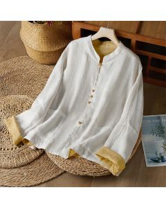 Buddha Stones Spring Fall Tang Style Casual Crew Neck Solid Reversible Design Women's Long Sleeve Shirts With Pocket - Khaki / US8-10, UK/AU12-14, EU40-42 (L)