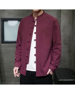 Buddha Stones Spring Fall Tang Style Casual Frog Button Embroidery Solid Men's Long Sleeve Shirts - MediumVioletRed / US/UK/AU36, EU46 (L)