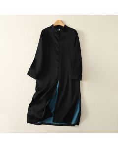 Buddha Stones Spring Fall Tang Style Elegant Mandarin Collar Side Slit Solid Women's Long Sleeve Dresses - Black / US4, UK/AU8, EU36 (M)