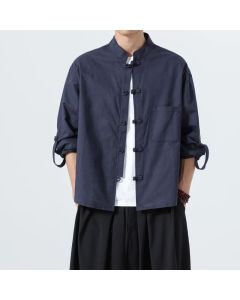 Buddha Stones Spring Fall Tang Style Minimalist Frog Button Mandarin Collar Solid Men's Long Sleeve Shirts With Pocket - Navy / US/UK/AU36,EU46 (L)