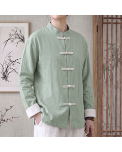 Buddha Stones Spring Fall Tang Style Minimalist Mandarin Collar Frog Button Solid Cotton Women's Long Sleeve Shirts - LightSlateGray / US4，UK/AU8，EU36 (L)
