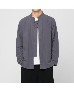 Buddha Stones Spring Fall Tang Style Minimalist Mandarin Collar Frog Button Solid Men's Long Sleeve Shirts - SlateGray / US/UK/AU40，EU50 (2XL)