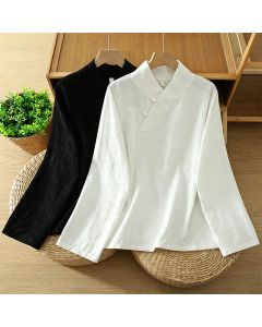 Buddha Stones Spring Fall Tang Style Minimalist Mandarin Collar Solid Women's Long Sleeve Shirts - White / US4, UK/AU8, EU36 (L)