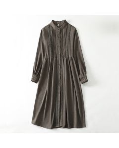 Buddha Stones Spring Fall Tang Style Vintage Button-Up Pleated Trim Solid Women's Long Sleeve Dress With Pocket - Olive / US6, UK/AU10, EU38 (M)