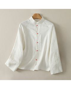 Buddha Stones Spring Fall Tang Style Vintage Frog Button Solid Women's Long Sleeve Shirts - Ivory / US6, UK/AU10, EU38 (M)