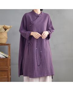 Buddha Stones Spring Fall Tang Style Vintage Mandarin Collar Frog Button Solid Women's Long Sleeve Shirts - Purple / US4, UK/AU8, EU36 (L)
