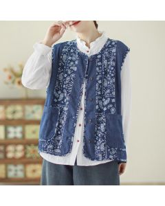 Buddha Stones Spring Fall Vintage Boho Button-Up Floral Tank Top Women's Vest With Pocket - RoyalBlue / US4, UK/AU8, EU36 (M)