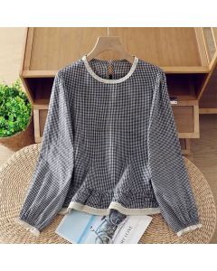 Buddha Stones Spring Fall Vintage Elegant Plaid Lace Trim Women's Long Sleeve T-Shirt - SteelBlue / US4, UK/AU8, EU36 (L)