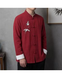 Buddha Stones Spring Fall Vintage Tang Style Frog Button Crane Embroidery Men's Long Sleeve Shirts - Black / US/UK/AU36, EU46 (L)