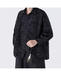 Buddha Stones Spring Fall Vintage Tang Style Frog Button Jacquard Floral Men's Long Sleeve Shirts With Patch Pocket - Black / US/UK/AU38, EU48 (M)