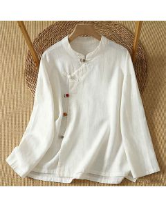 Buddha Stones Spring Fall Vintage Tang Style Frog Button Solid Women's Long Sleeve Shirts - White / US4, UK/AU8, EU36 (L)
