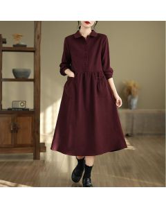 Buddha Stones Spring Minimalist Classic Button-Up Solid Maroon Women's Long Sleeve Dress With Pockets - Maroon / US4, UK/AU8, EU36 (L)