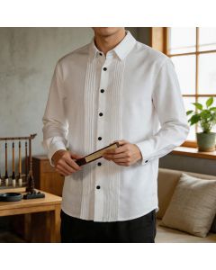 Buddha Stones Spring Minimalist Pintuck Button-Up Solid Men's Long Sleeve Shirts - White / US/UK/AU36, EU46 (L)