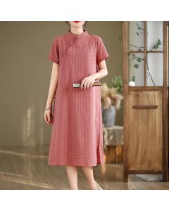 Buddha Stones Plaid Short Sleeve Frog-Button Design Cotton Linen Improved Cheongsam Midi Dress - Salmon / US4，UK/AU8，EU36 (L)