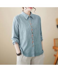 Buddha Stones Spring Plain Embroidered Flower Pattern Button Women's Long Sleeve Cotton Lapel Shirt - LightBlue / US4，UK/AU8，EU36 (L)