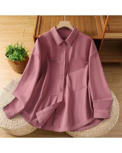 Buddha Stones Spring Plain Lapel Long Sleeve Women's Cotton Shirt With Pockets - Olive / US8-10，UK/AU12-14，EU40-42 (XL)