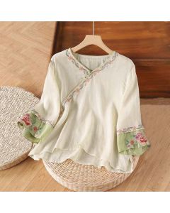 Buddha Stones Stand Collar Embroidery Button Design Three Quarter Sleeve Women's Shirt - BlanchedAlmond / US6，UK/AU10，EU38 (2XL)