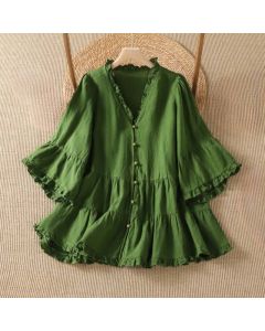 Buddha Stones Spring Summer Boho Button-Up Solid Women's Long Sleeve Shirts - ForestGreen / US4, UK/AU8, EU36 (L)
