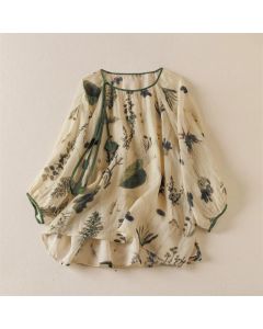 Buddha Stones Spring Summer Boho Drawstring Floral Women's Long Sleeve Shirts - BlanchedAlmond / US6, UK/AU10, EU38 (L)
