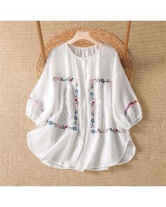 Buddha Stones Spring Summer Boho Embroidery Floral Women's Short Sleeve Shirts - White / US4, UK/AU8, EU36 (M)