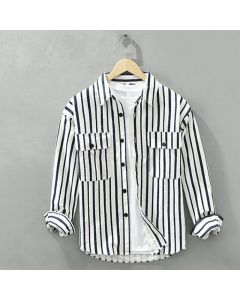 Buddha Stones Spring Casual Classic Button-Up Striped Men's Long Sleeve Shirts With Pocket - White / US/UK/AU36，EU46 (L)