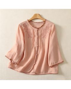 Buddha Stones Spring Summer Casual Elegant Embroidery Floral Leaves Button-Up Women's Long Sleeve Shirts - Moccasin / US8-10, UK/AU12-14, EU40-42 (2XL)