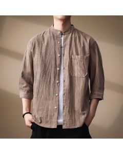 Buddha Stones Spring Summer Casual Mandarin Collar Solid Cotton Men's Long Sleeve Shirts With Patch Pocket - Tan / US/UK/AU36，EU46 (L)