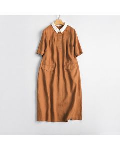 Buddha Stones Spring Summer Casual Minimalist Button-Up Solid Women's Short Sleeve Dress With Pocket - Peru / US4, UK/AU8, EU36 (M)